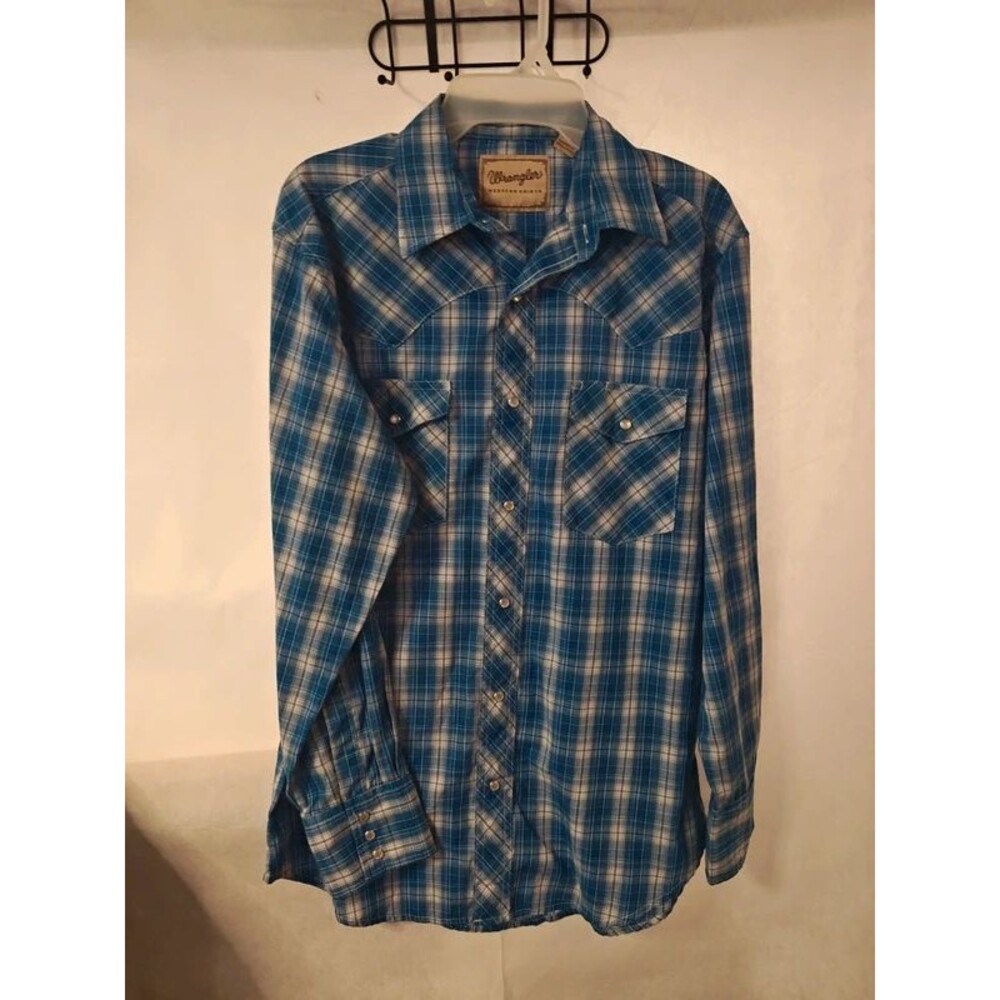 Wrangler Men’s Blue Plaid Long Sleeve Pearl Snap Western Shirt Size M
